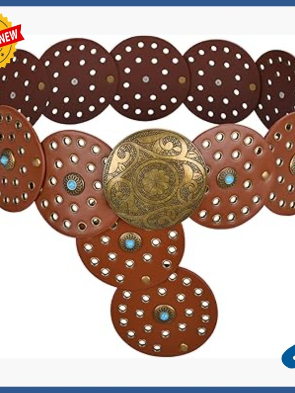 Western Wide Disc Belt with Turquoise Concho Buckle Adjustable Faux Leather